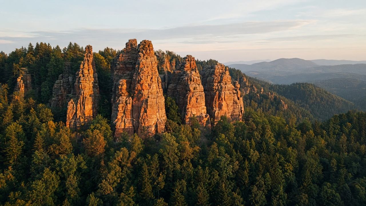 Sandsteintürme des Dahner Felsenlandes über Baumkronen