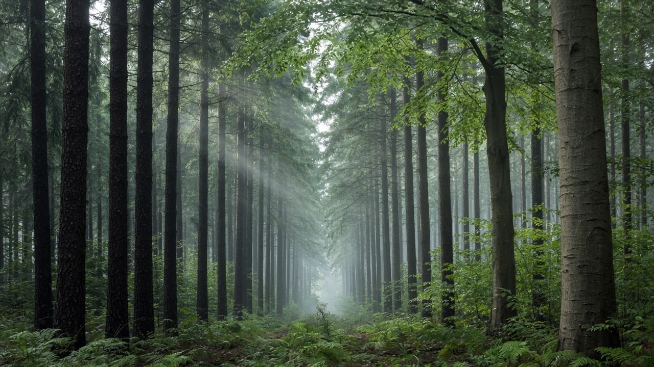 Hohe Kiefern und Lichtstreifen im Pfälzerwald