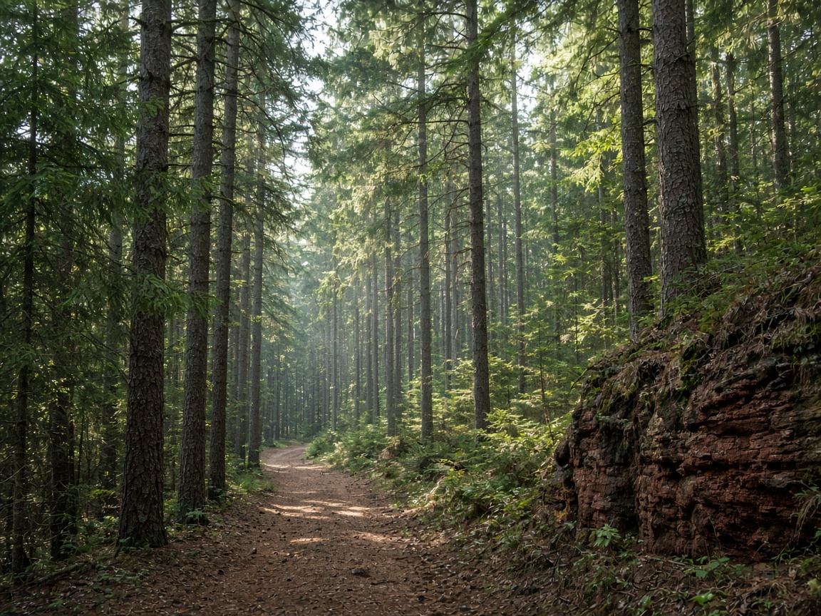 Waldweg mit Kiefern und rotem Sandstein am Rand