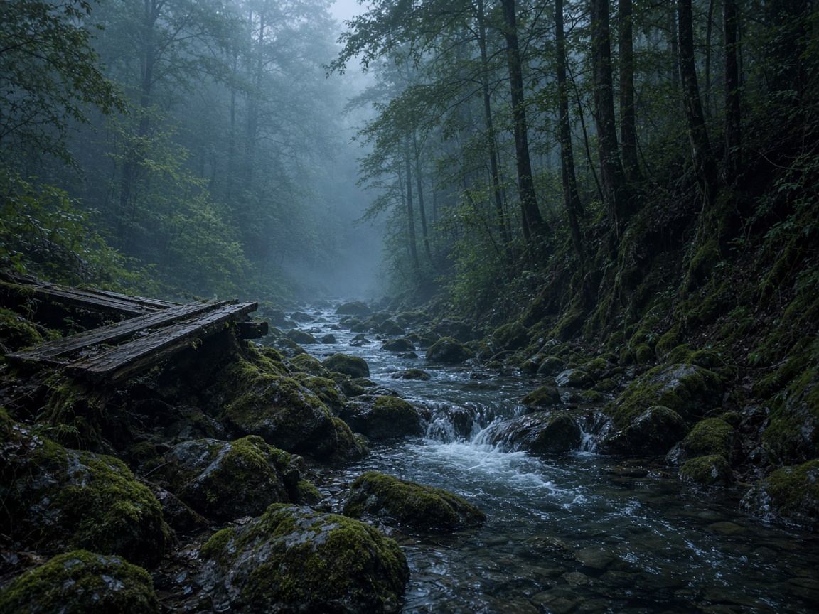 Waldbach mit Moos und Nebel im Pfälzerwaldtal