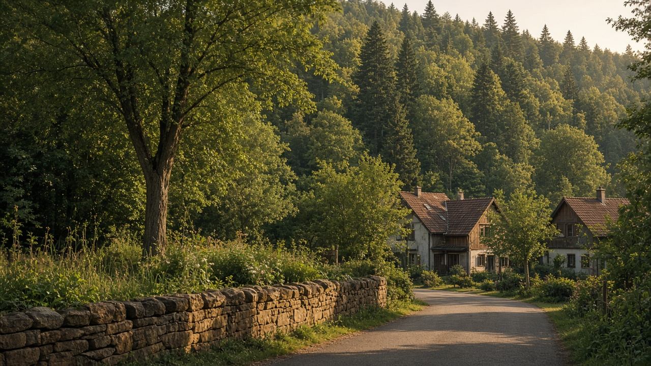 Ruhige Straße am Waldrand mit Sandsteinmauer und Gärten